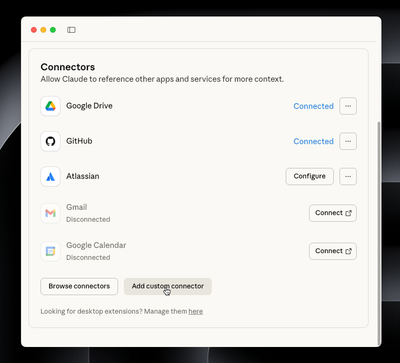Claude Desktop's "Connectors" window